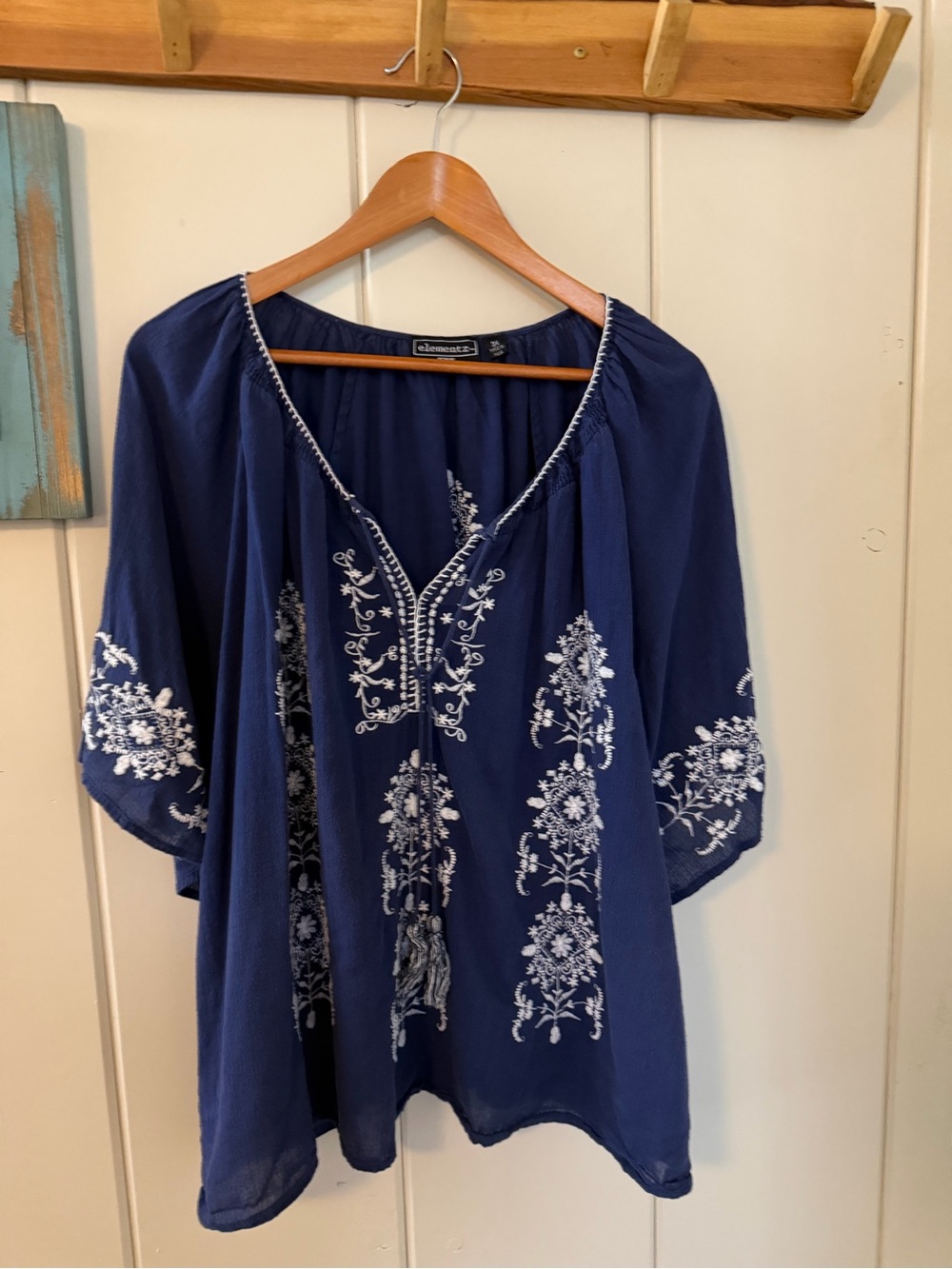 Elementz 3X Navy Cotton Embroidered Boho Tunic Blouse Floral India Plus Size
